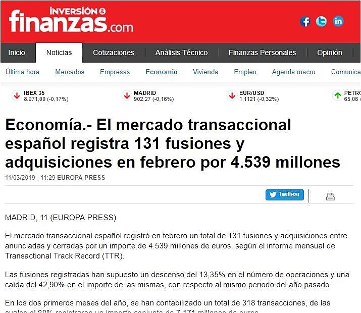 El mercado transaccional espaol registra 131 fusiones y adquisiciones en febrero por 4.539 millones